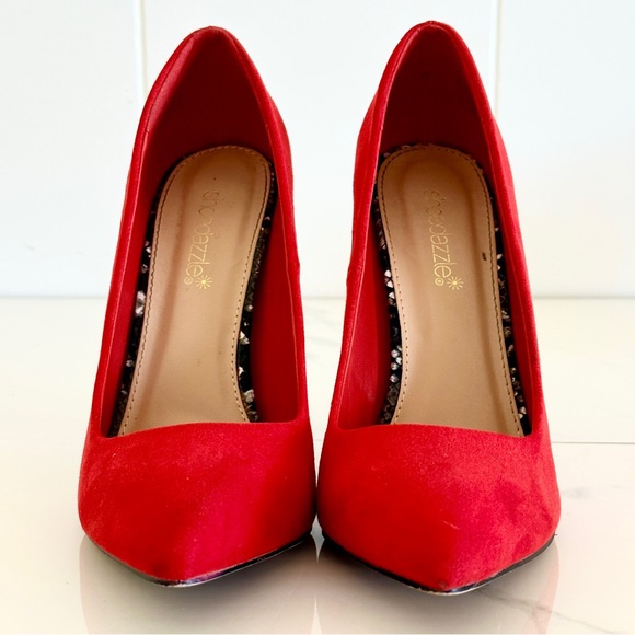 Shoedazzle Dani Classic Pump 7 Red Faux Suede Black Snake Stiletto Heels - Picture 9 of 10